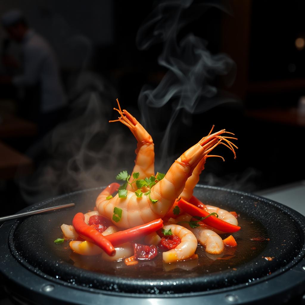 Crevettes piquantes du chef sur plaque chauffante